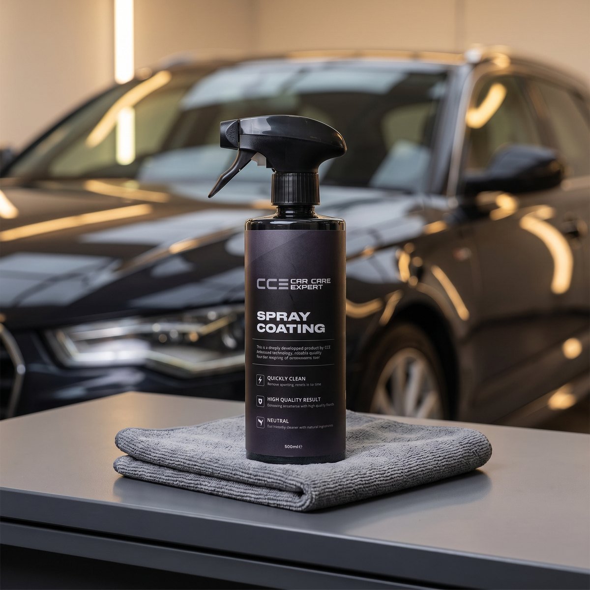 CCE Spraycoating 500 ml op een microvezeldoek in een detailingstudio